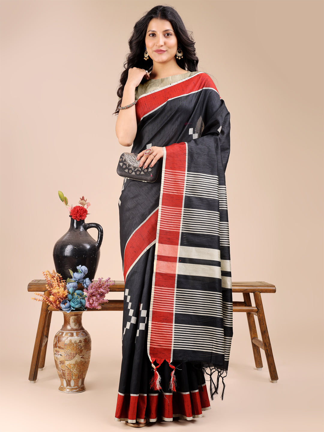 Shree Shyam Fashion Black Cotton Woven Zari Work Traditional Tassel Saree | Grocsy