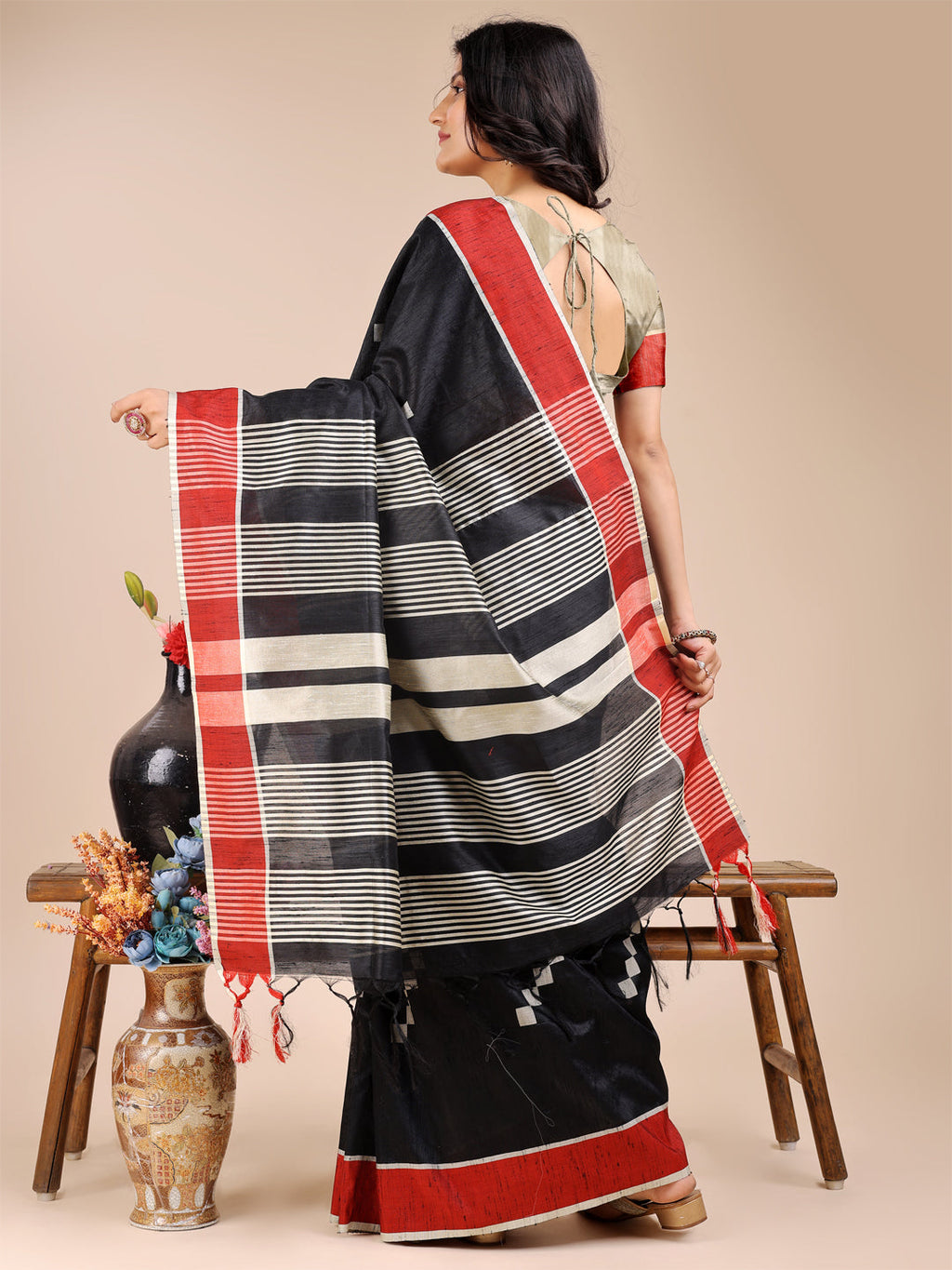 Shree Shyam Fashion Black Cotton Woven Zari Work Traditional Tassel Saree | Grocsy