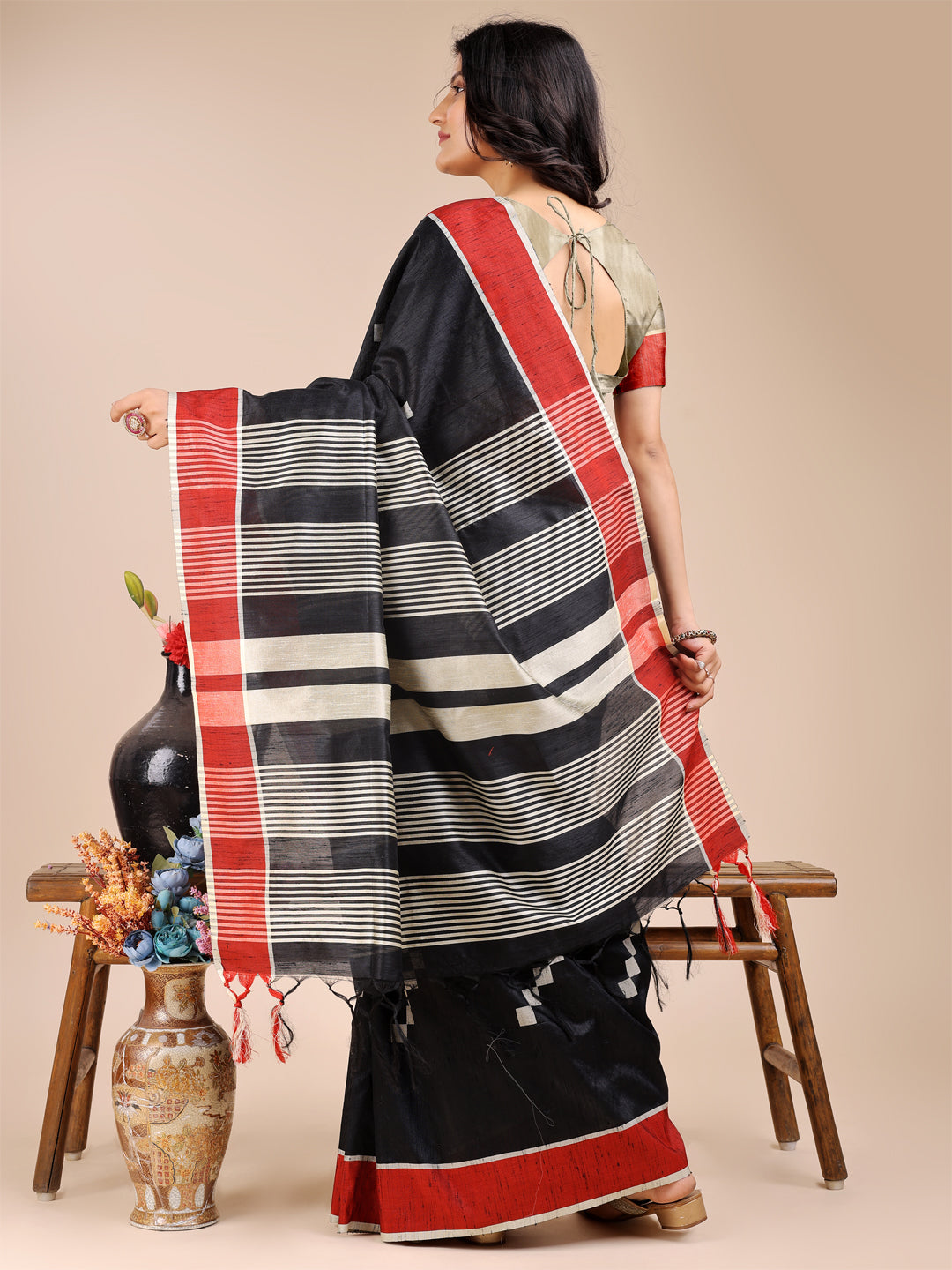 Shree Shyam Fashion Black Cotton Woven Zari Work Traditional Tassel Saree | Grocsy
