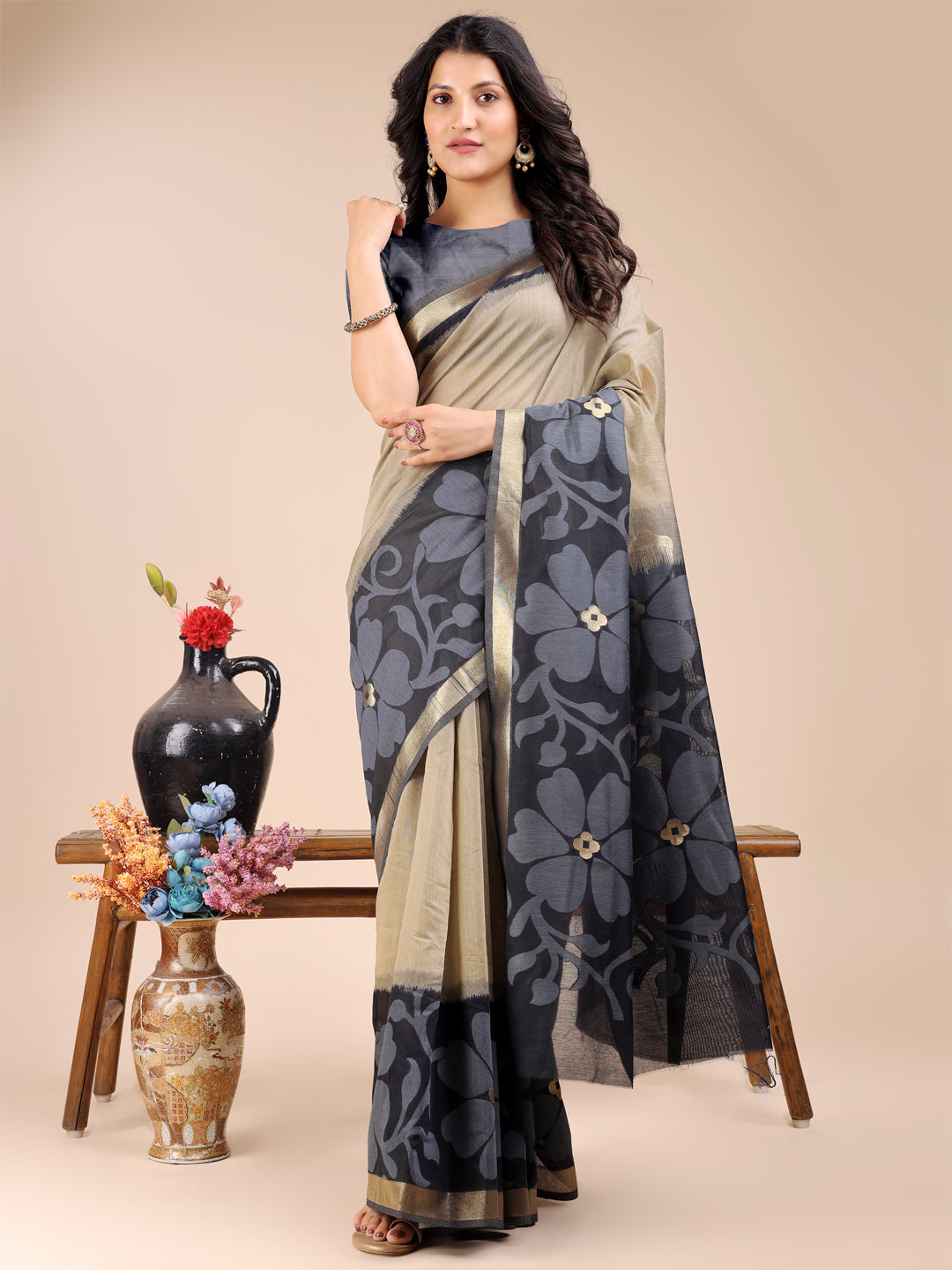 Shree Shyam Fashion Cream & Black Cotton Woven Zari Work Traditional Tassel Saree | Grocsy
