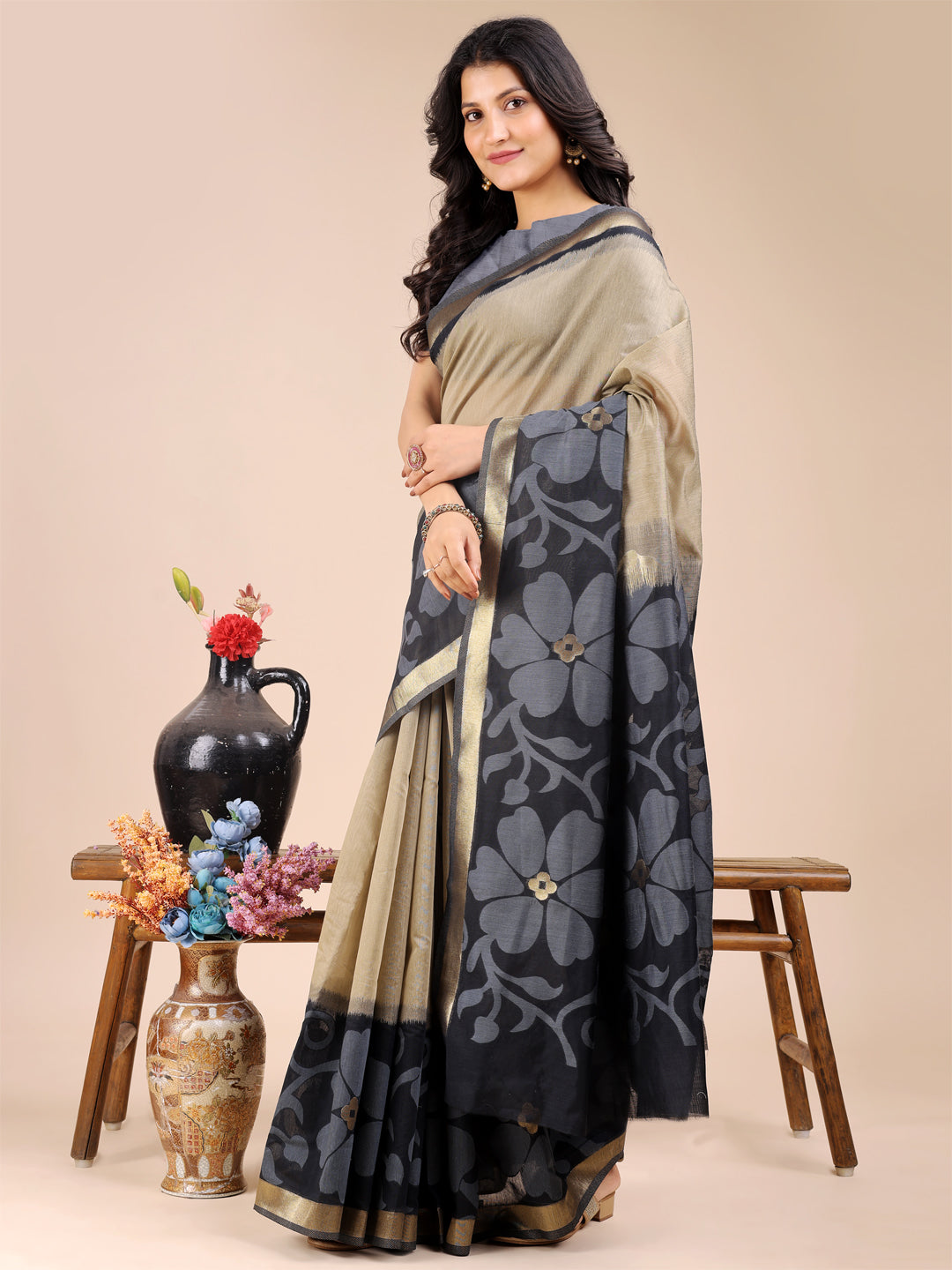 Shree Shyam Fashion Cream & Black Cotton Woven Zari Work Traditional Tassel Saree | Grocsy