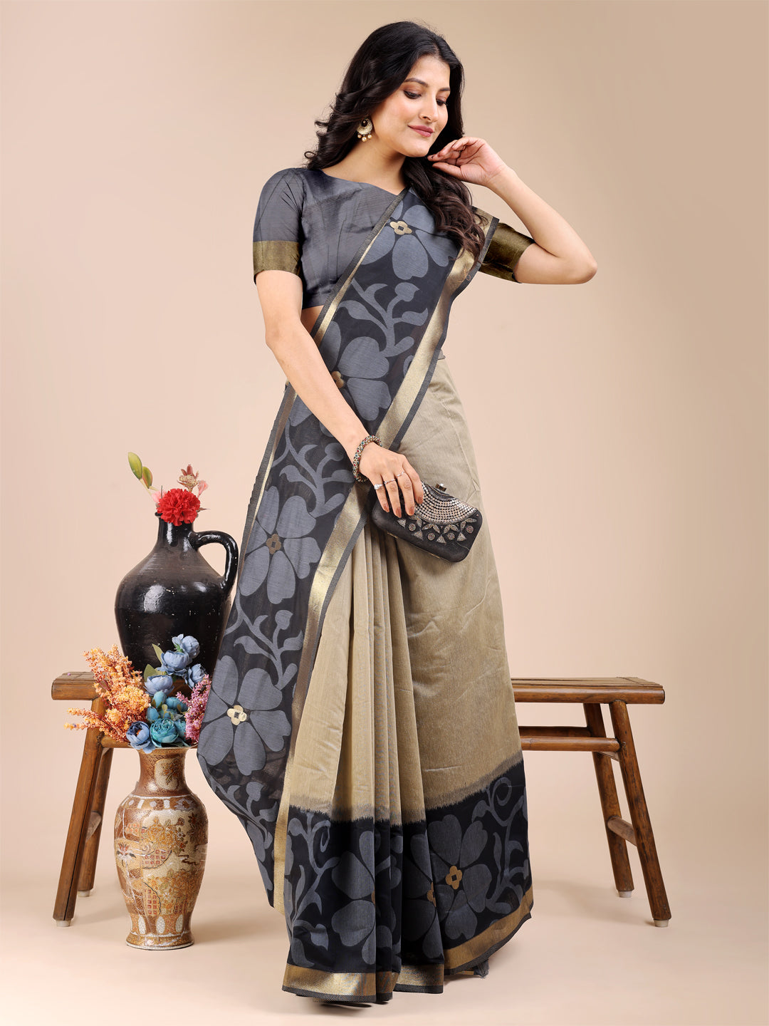 Shree Shyam Fashion Cream & Black Cotton Woven Zari Work Traditional Tassel Saree | Grocsy