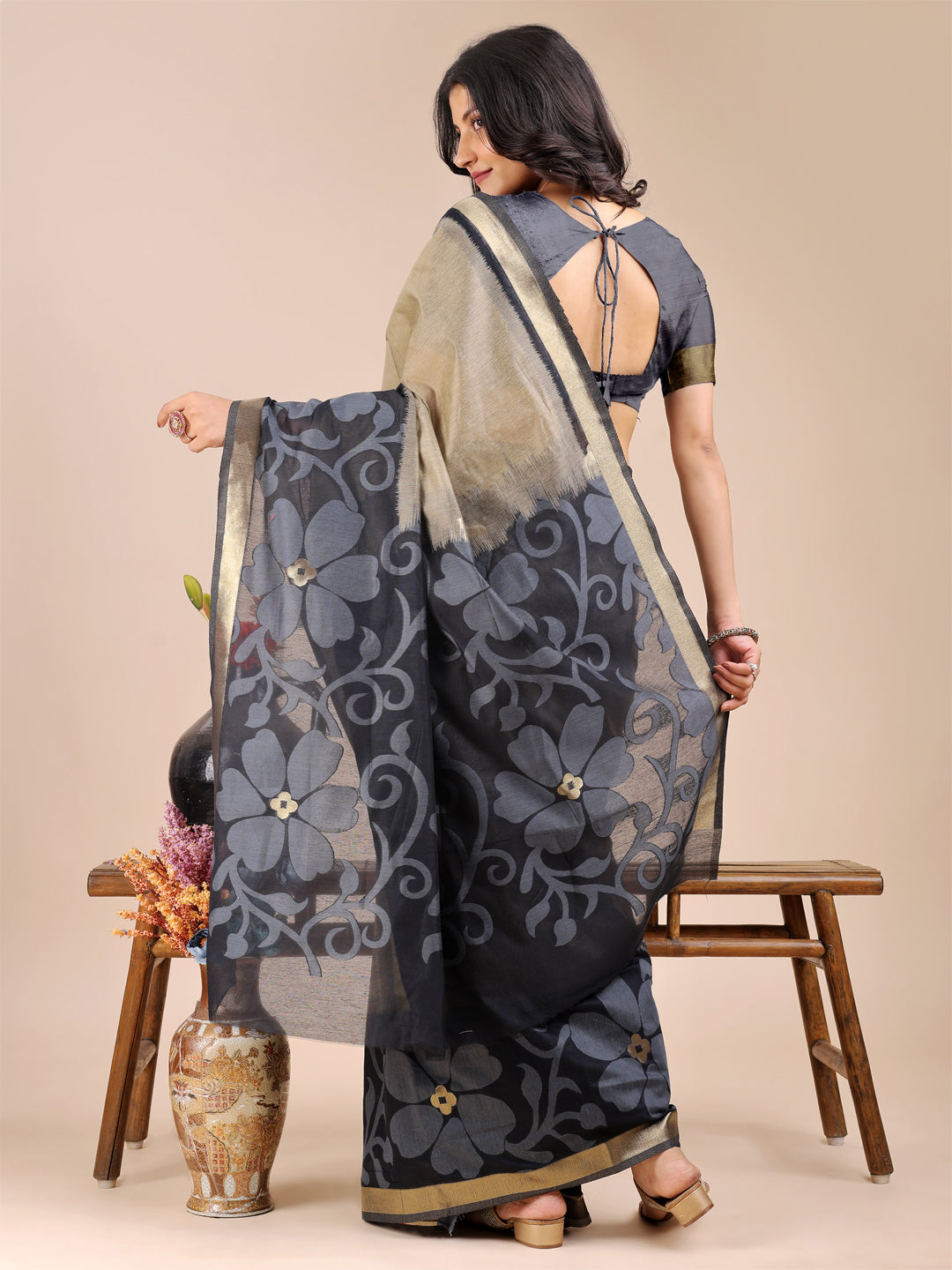 Shree Shyam Fashion Cream & Black Cotton Woven Zari Work Traditional Tassel Saree | Grocsy