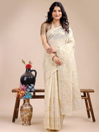 Shree Shyam Fashion Off White Cotton Woven Zari Work Traditional Tassel Saree | Grocsy