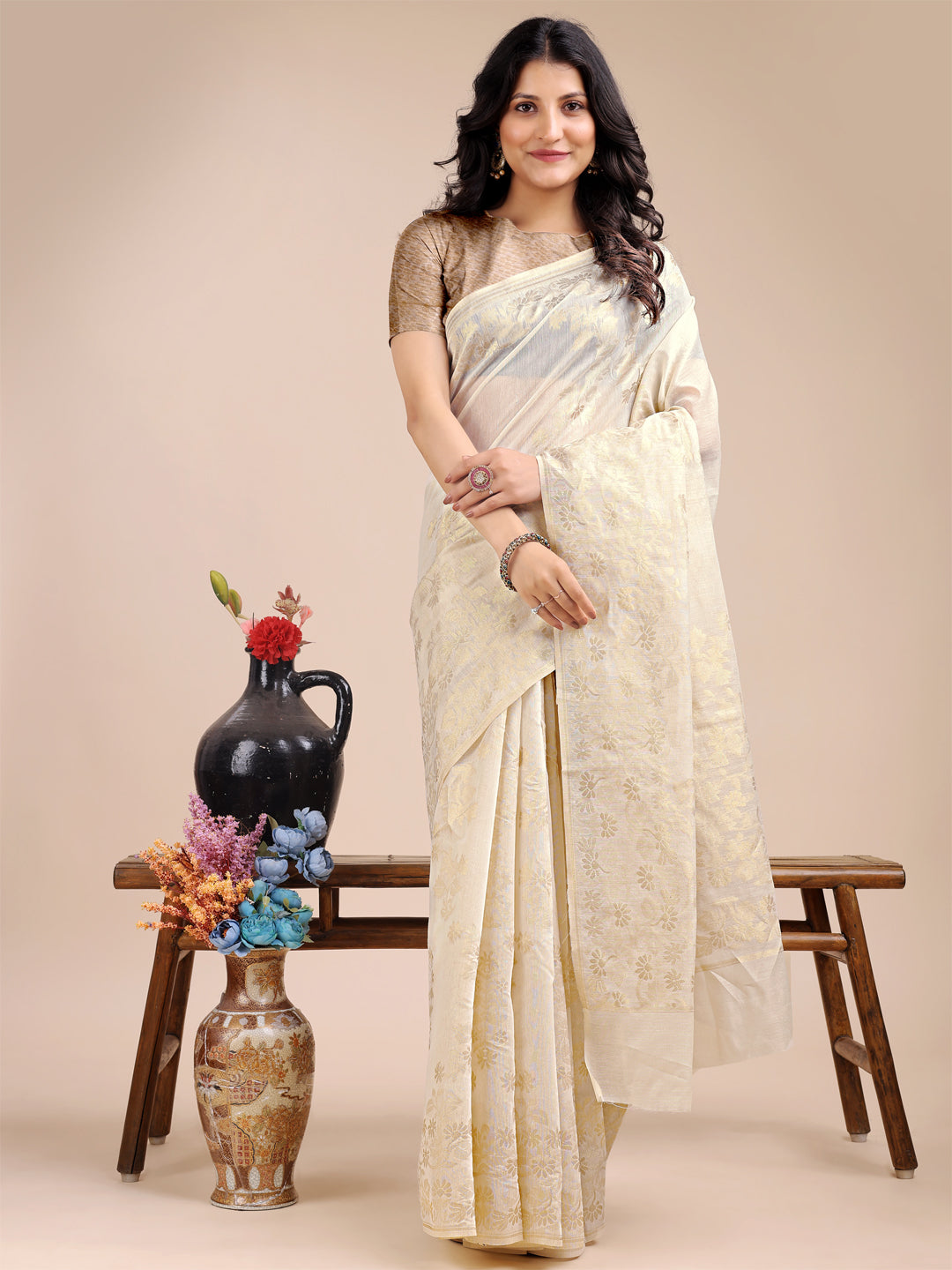 Shree Shyam Fashion Off White Cotton Woven Zari Work Traditional Tassel Saree | Grocsy