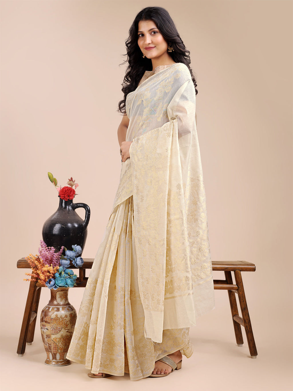 Shree Shyam Fashion Off White Cotton Woven Zari Work Traditional Tassel Saree | Grocsy