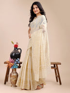 Shree Shyam Fashion Off White Cotton Woven Zari Work Traditional Tassel Saree | Grocsy