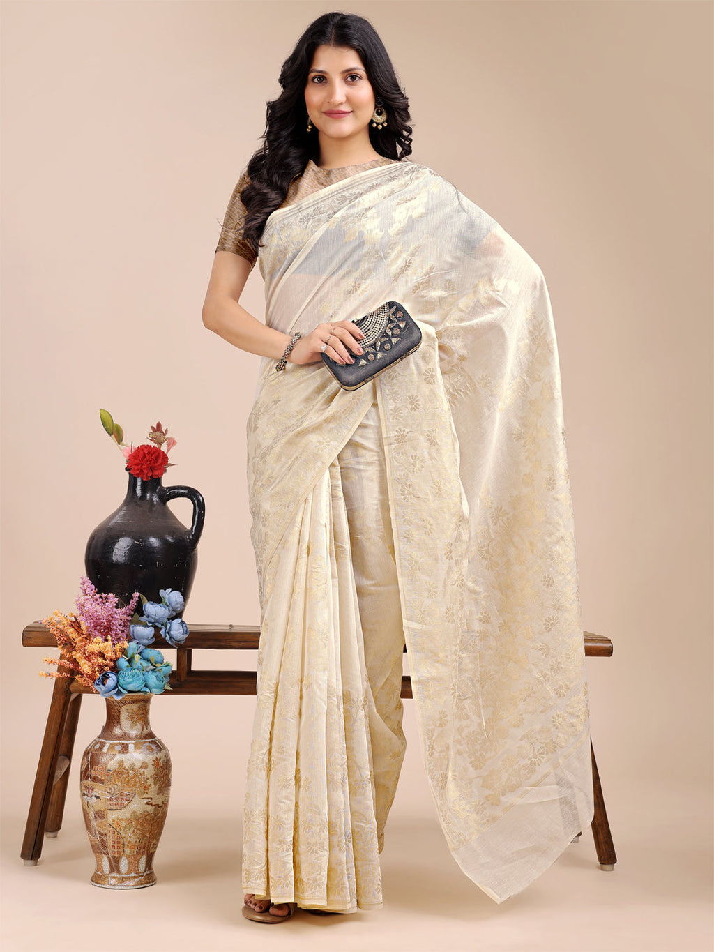 Shree Shyam Fashion Off White Cotton Woven Zari Work Traditional Tassel Saree | Grocsy