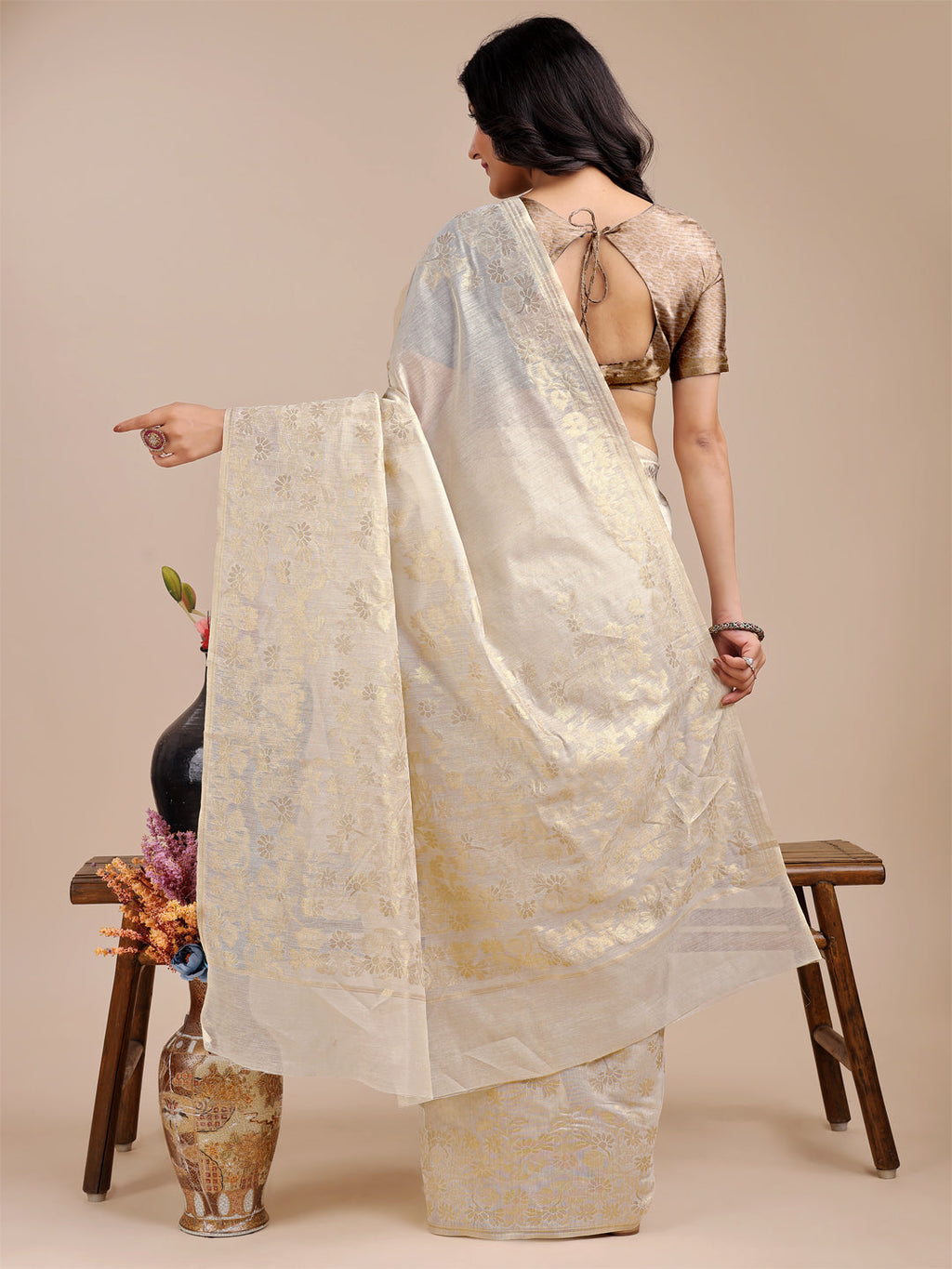 Shree Shyam Fashion Off White Cotton Woven Zari Work Traditional Tassel Saree | Grocsy