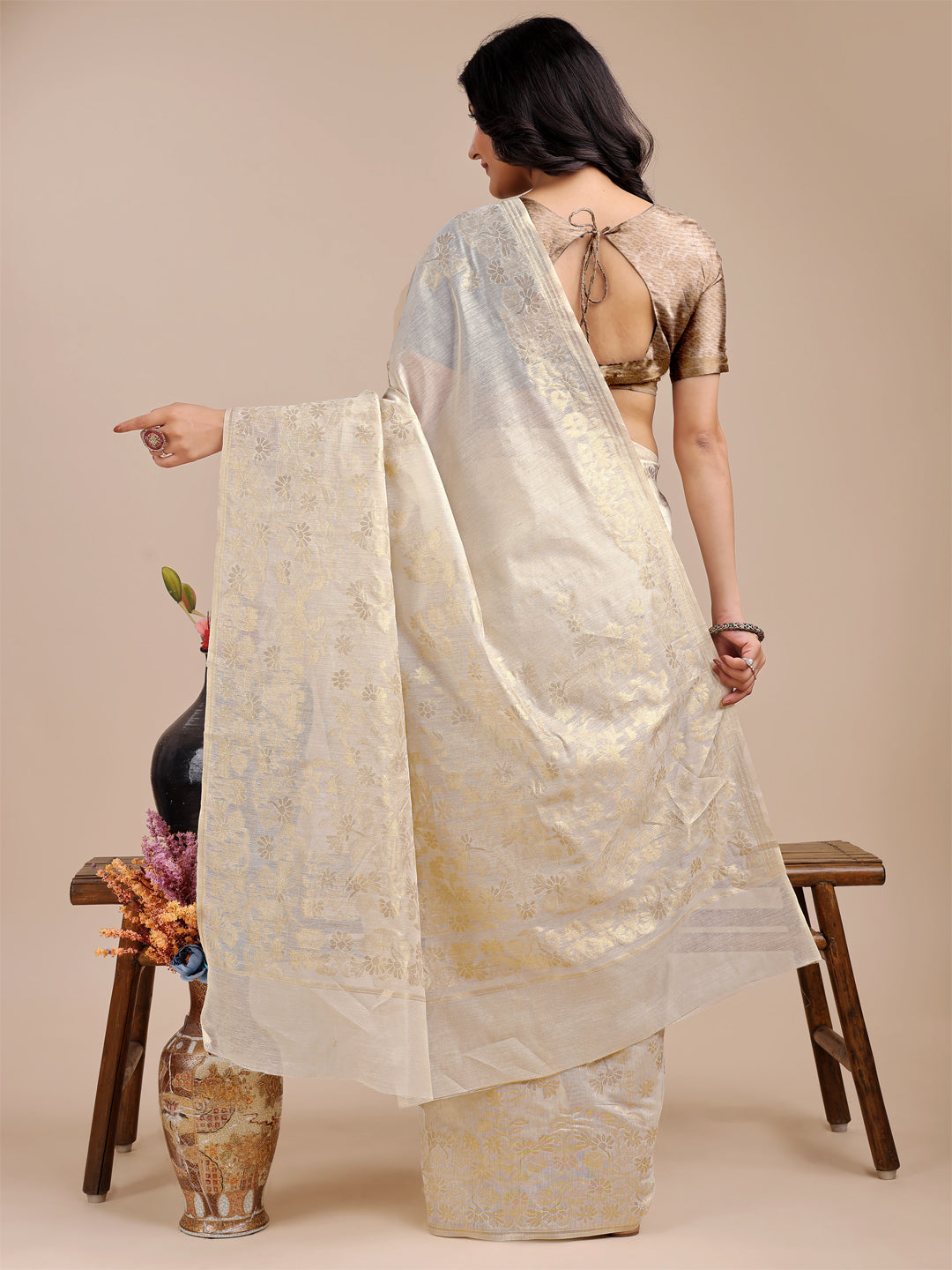 Shree Shyam Fashion Off White Cotton Woven Zari Work Traditional Tassel Saree | Grocsy