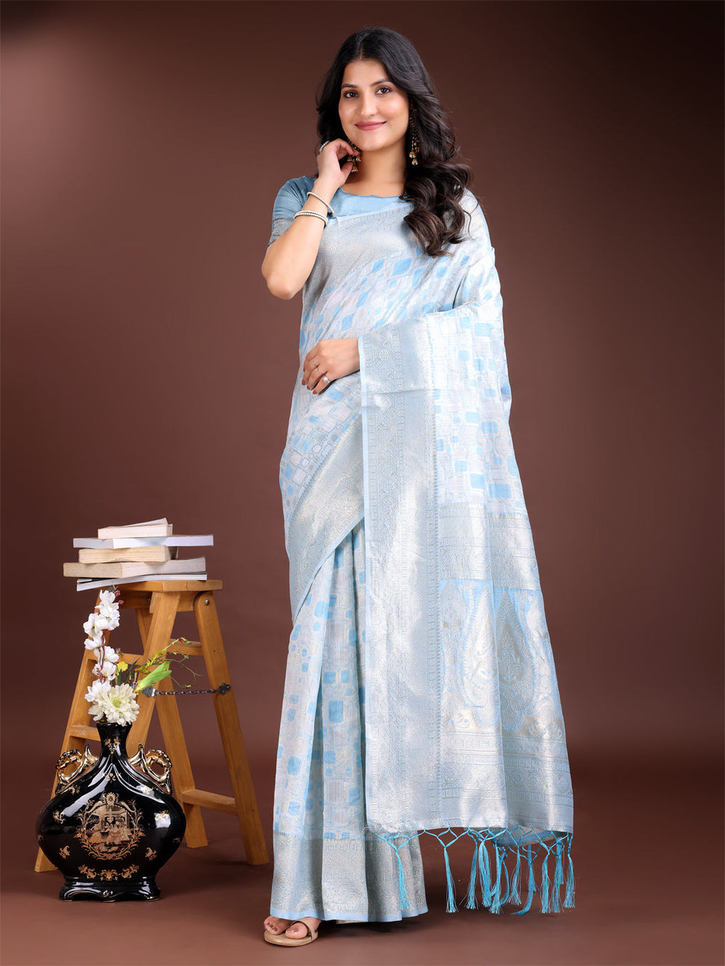 Shree Shyam Fashion Sky Blue Linen Cotton Saree - Elegant Simplicity for Everyday Grace | Grocsy