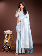 Shree Shyam Fashion Sky Blue Linen Cotton Saree - Elegant Simplicity for Everyday Grace | Grocsy