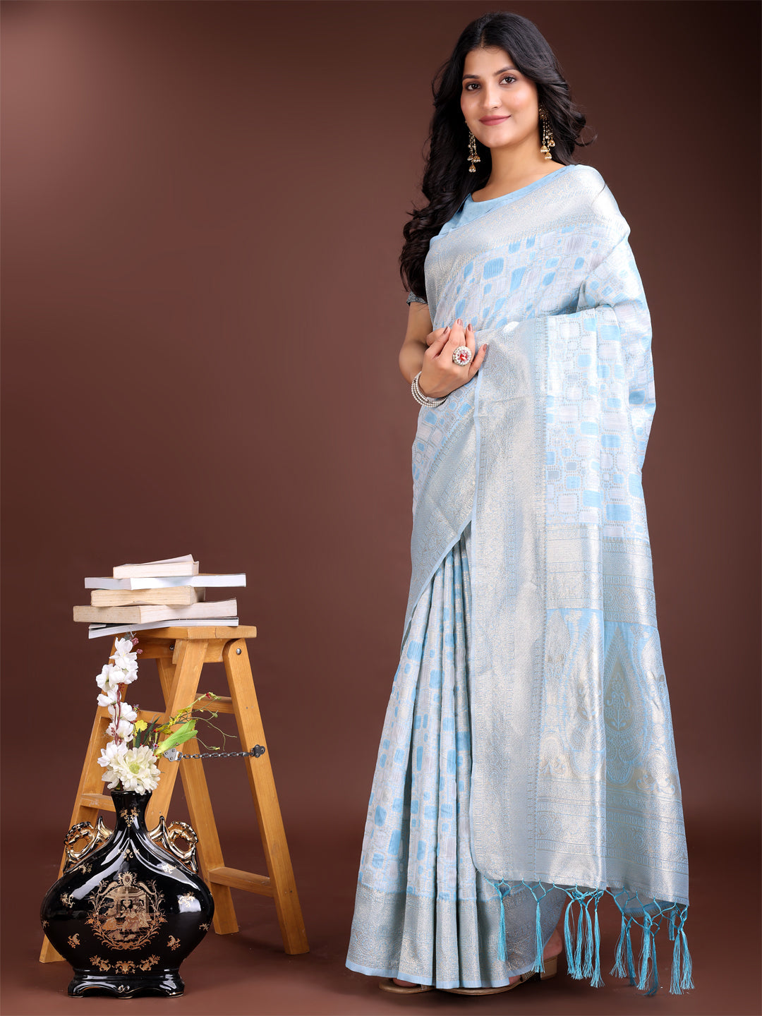Shree Shyam Fashion Sky Blue Linen Cotton Saree - Elegant Simplicity for Everyday Grace | Grocsy
