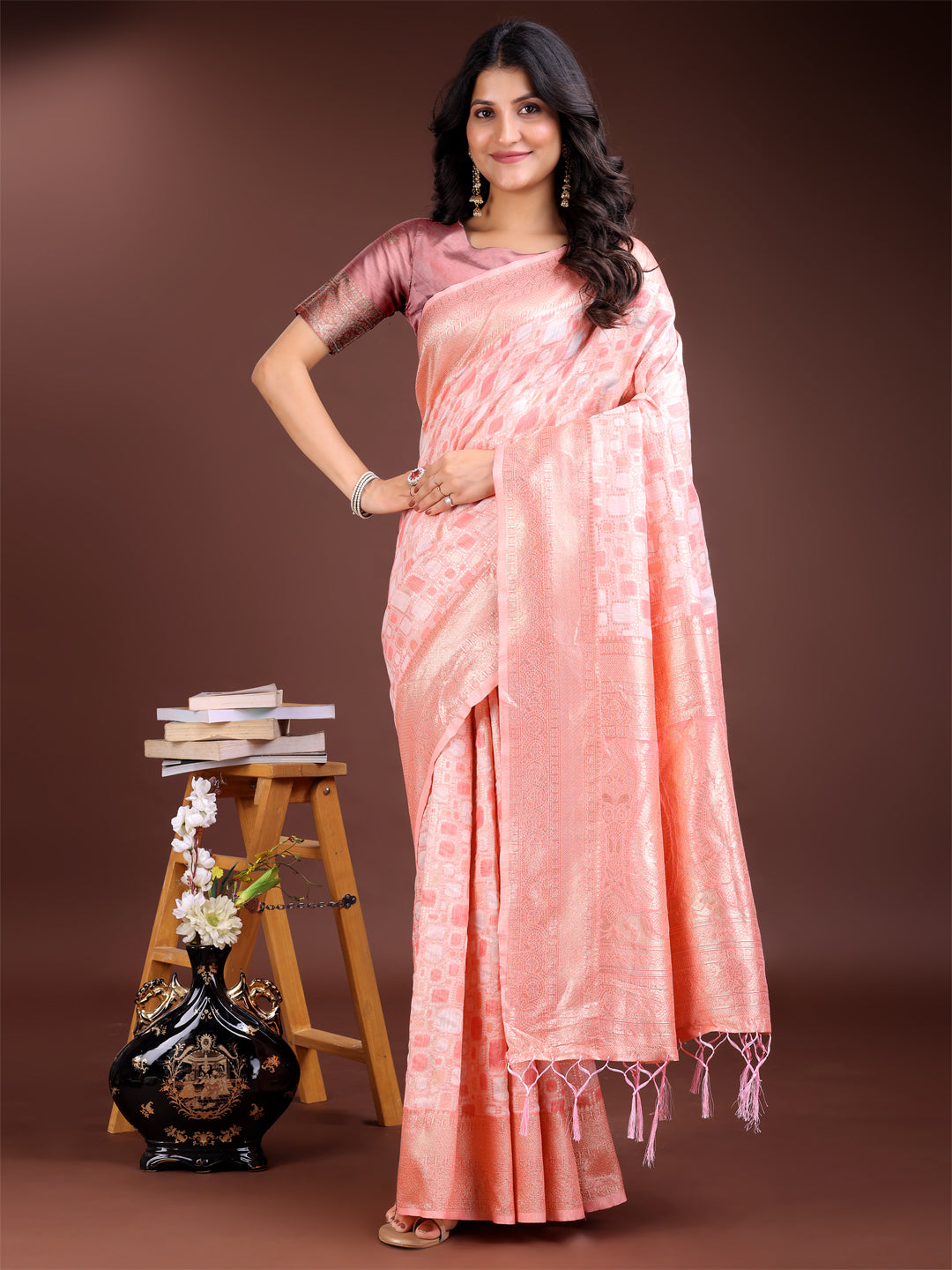 Shree Shyam Fashion Peach Linen Cotton Saree - Elegant Simplicity for Everyday Grace | Grocsy