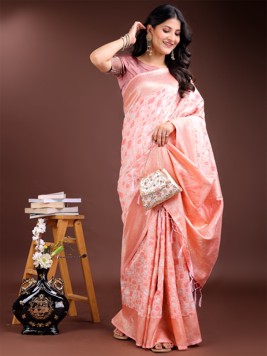 Shree Shyam Fashion Peach Linen Cotton Saree - Elegant Simplicity for Everyday Grace | Grocsy