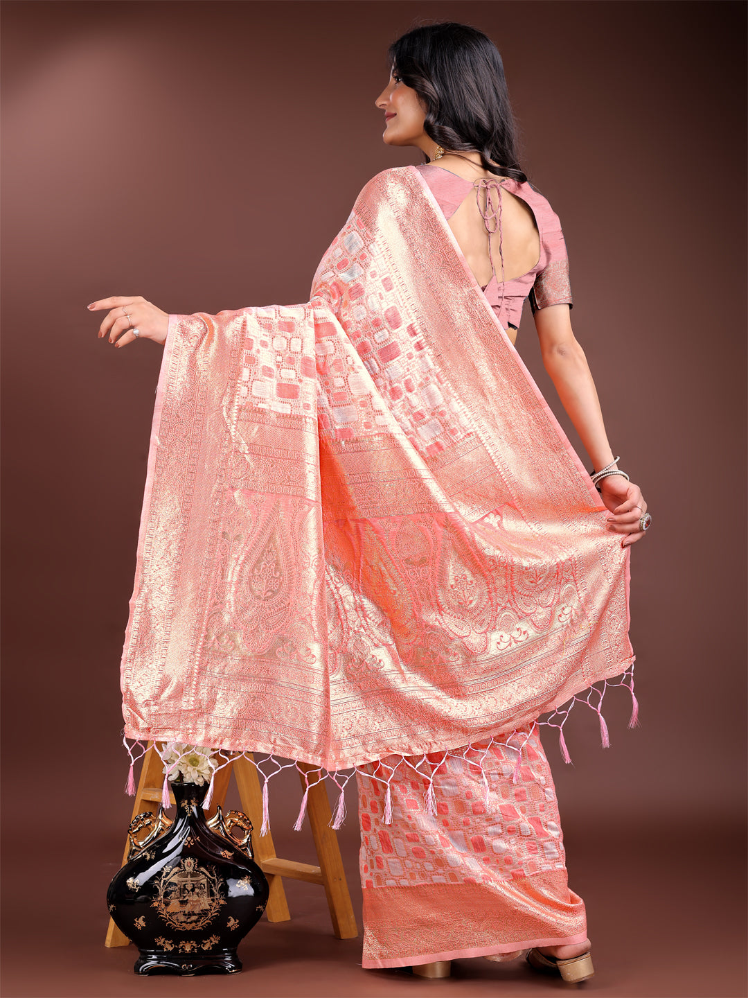 Shree Shyam Fashion Peach Linen Cotton Saree - Elegant Simplicity for Everyday Grace | Grocsy