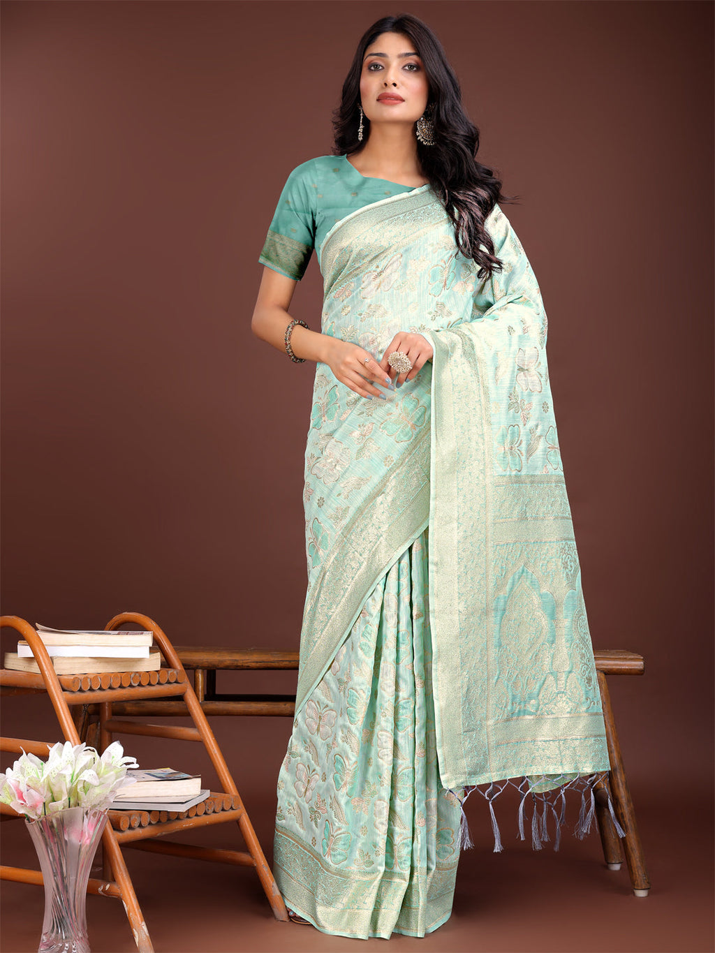 Shree Shyam Fashion Elegant Sea Green Cotton Saree with Golden Zari Work - Graceful Comfort for Everyday & Festive Wear | Grocsy
