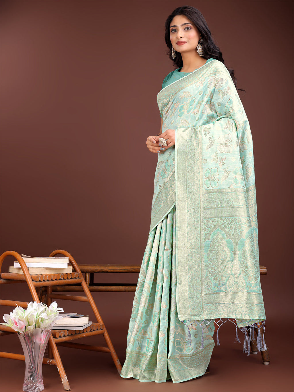 Shree Shyam Fashion Elegant Sea Green Cotton Saree with Golden Zari Work - Graceful Comfort for Everyday & Festive Wear | Grocsy