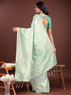Shree Shyam Fashion Elegant Sea Green Cotton Saree with Golden Zari Work - Graceful Comfort for Everyday & Festive Wear | Grocsy