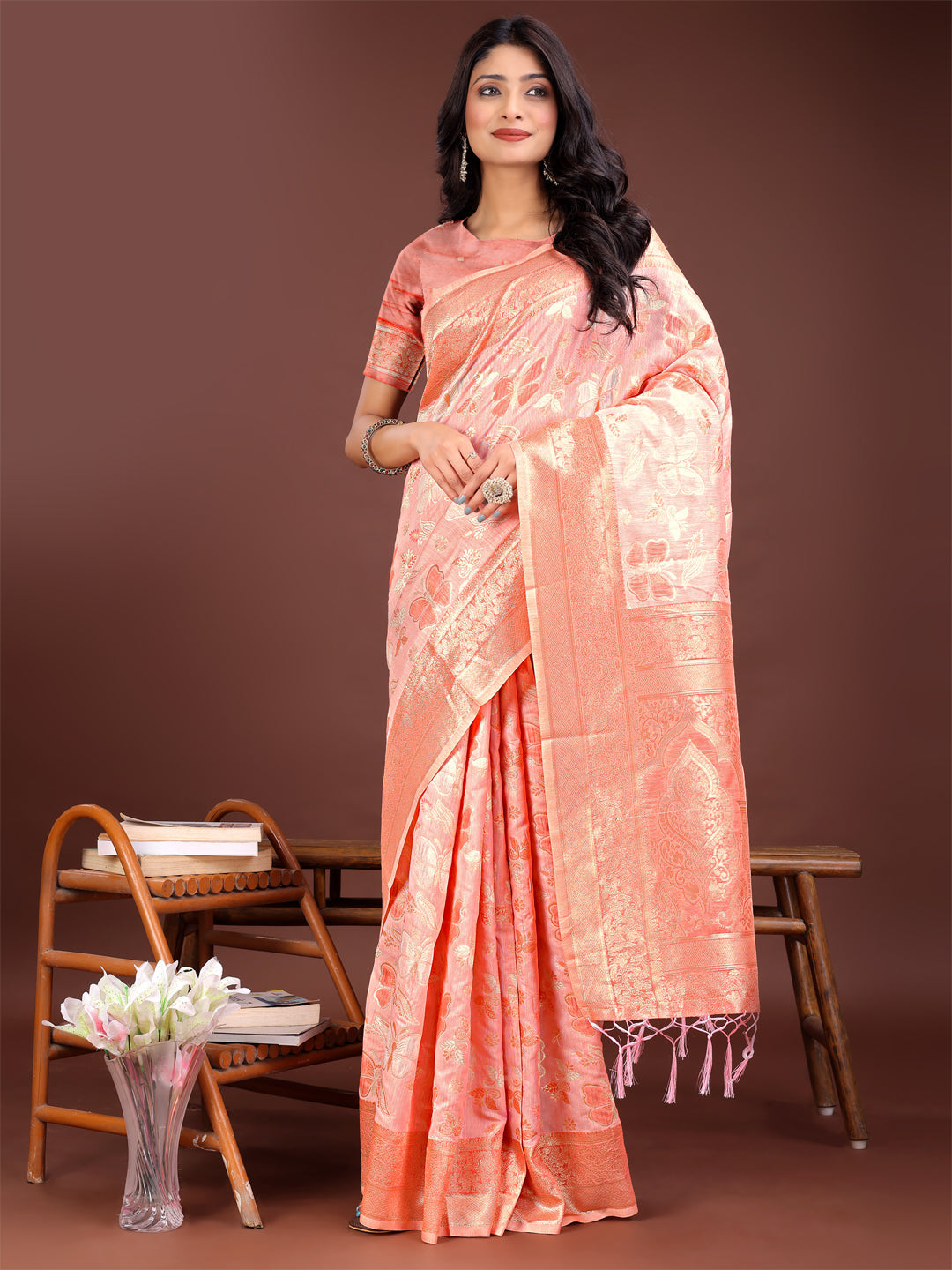Shree Shyam Fashion Elegant Orange Cotton Saree with Golden Zari Work - Graceful Comfort for Everyday & Festive Wear | Grocsy
