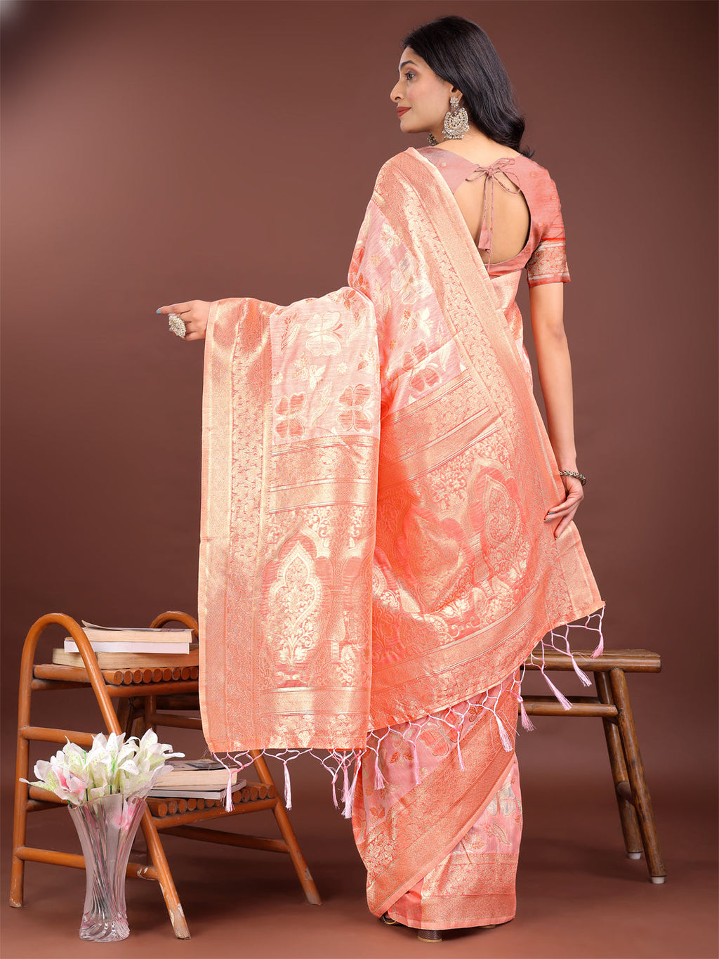 Shree Shyam Fashion Elegant Orange Cotton Saree with Golden Zari Work - Graceful Comfort for Everyday & Festive Wear | Grocsy