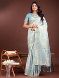 Shree Shyam Fashion Elegant Sky Blue Cotton Saree with Golden Zari Work - Graceful Comfort for Everyday & Festive Wear | Grocsy