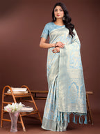 Shree Shyam Fashion Elegant Sky Blue Cotton Saree with Golden Zari Work - Graceful Comfort for Everyday & Festive Wear | Grocsy