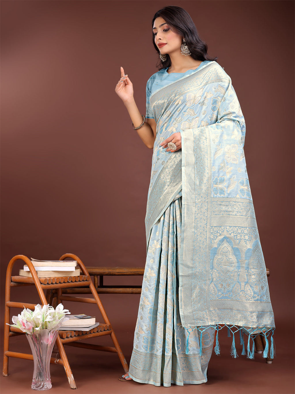 Shree Shyam Fashion Elegant Sky Blue Cotton Saree with Golden Zari Work - Graceful Comfort for Everyday & Festive Wear | Grocsy