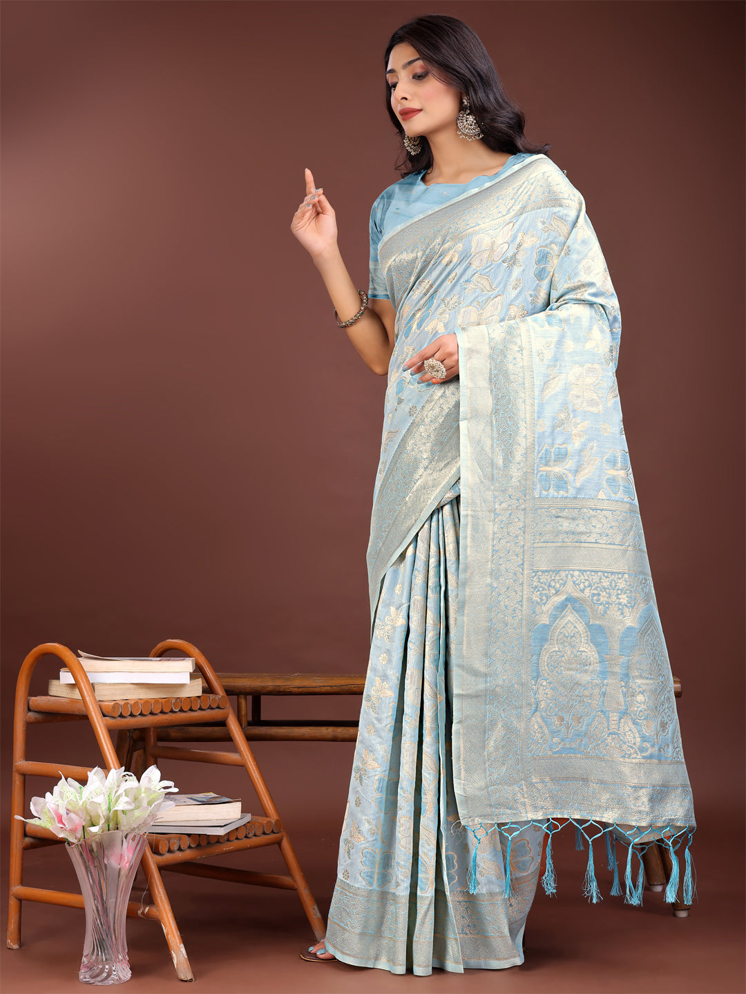 Shree Shyam Fashion Elegant Sky Blue Cotton Saree with Golden Zari Work - Graceful Comfort for Everyday & Festive Wear | Grocsy