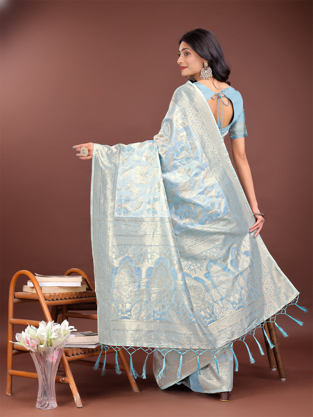 Shree Shyam Fashion Elegant Sky Blue Cotton Saree with Golden Zari Work - Graceful Comfort for Everyday & Festive Wear | Grocsy