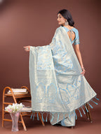 Shree Shyam Fashion Elegant Sky Blue Cotton Saree with Golden Zari Work - Graceful Comfort for Everyday & Festive Wear | Grocsy
