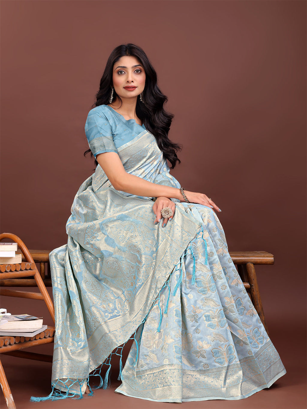 Shree Shyam Fashion Elegant Sky Blue Cotton Saree with Golden Zari Work - Graceful Comfort for Everyday & Festive Wear | Grocsy