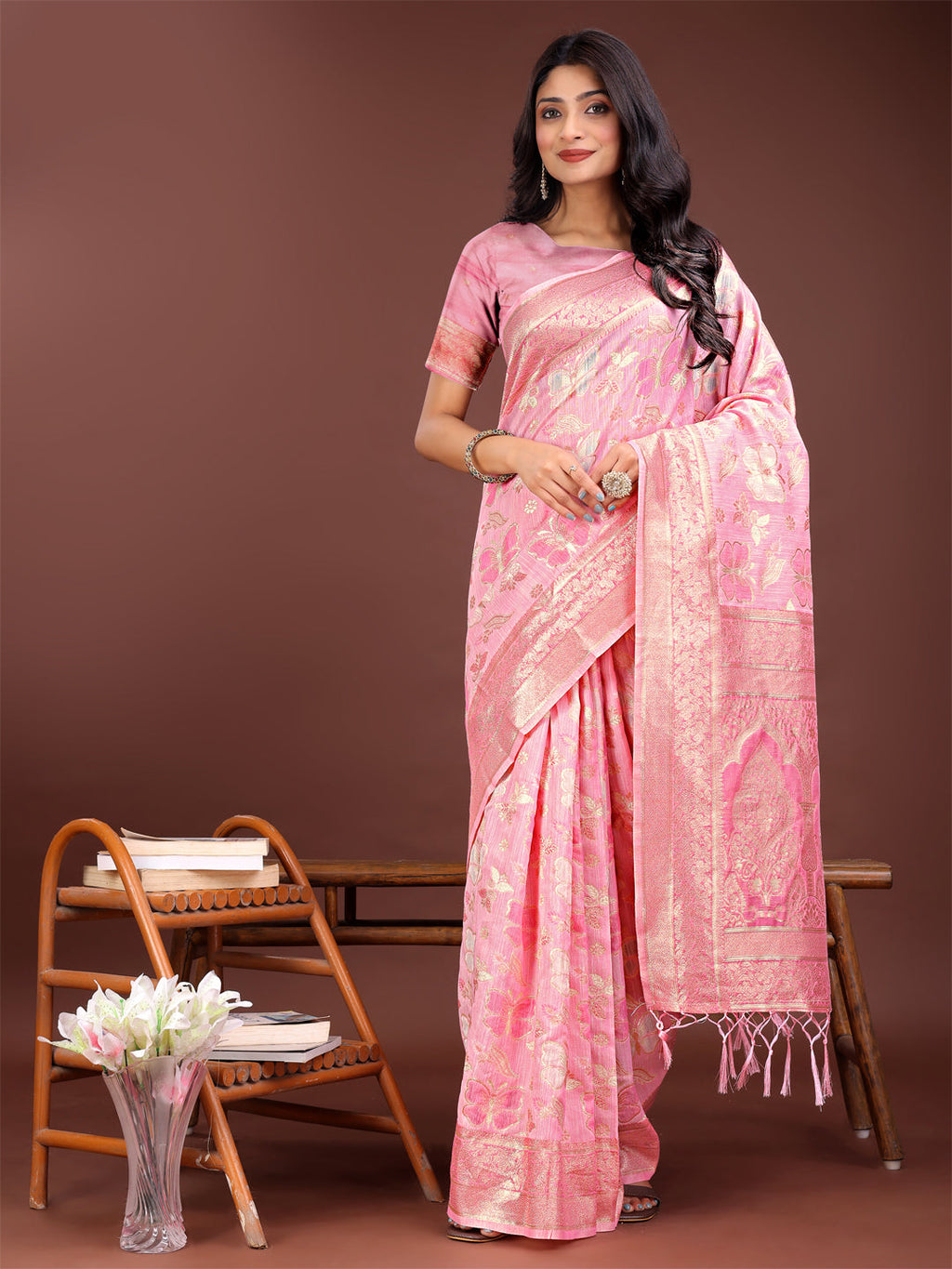 Shree Shyam Fashion Elegant Pink Cotton Saree with Golden Zari Work - Graceful Comfort for Everyday & Festive Wear | Grocsy