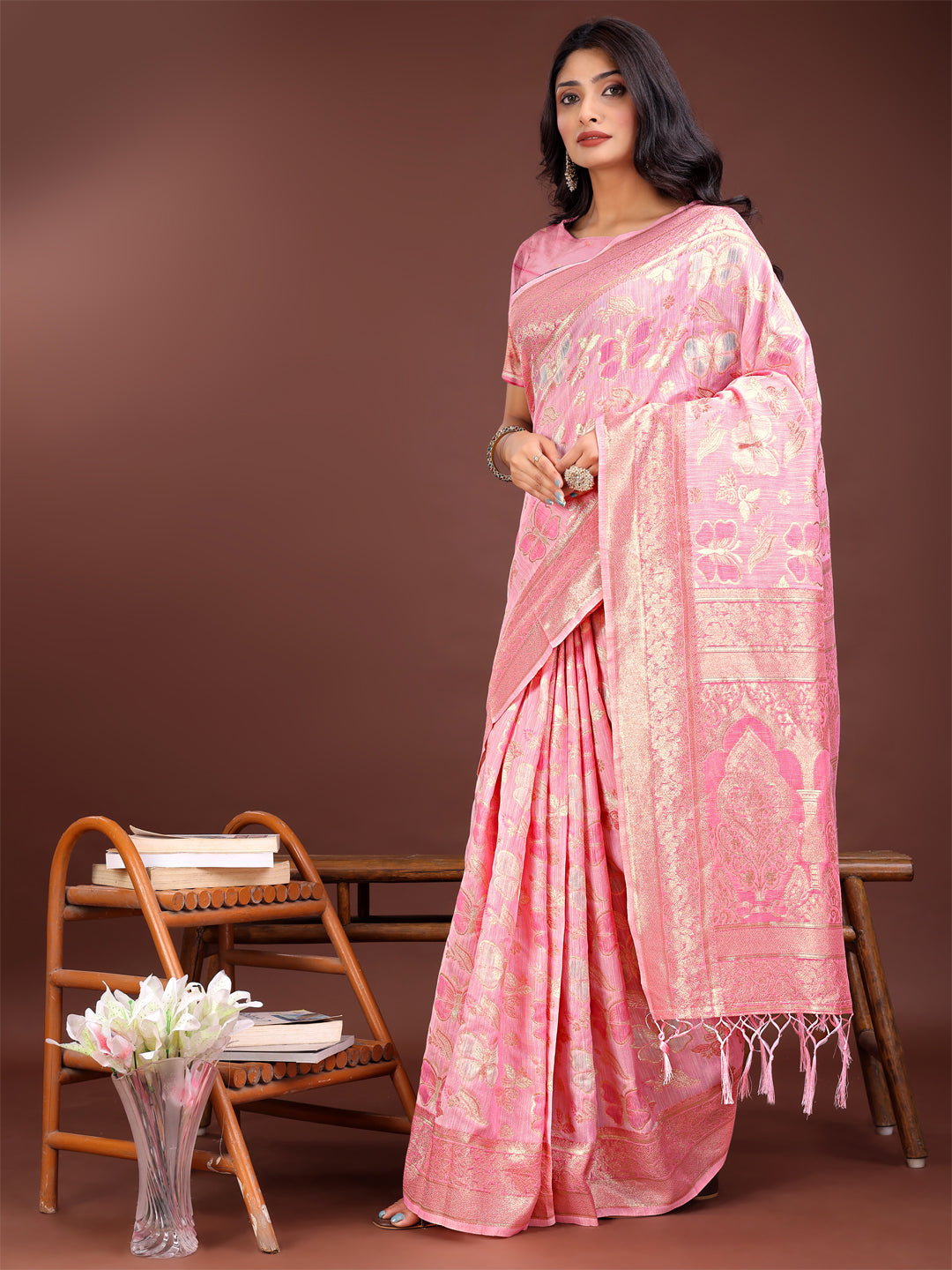 Shree Shyam Fashion Elegant Pink Cotton Saree with Golden Zari Work - Graceful Comfort for Everyday & Festive Wear | Grocsy