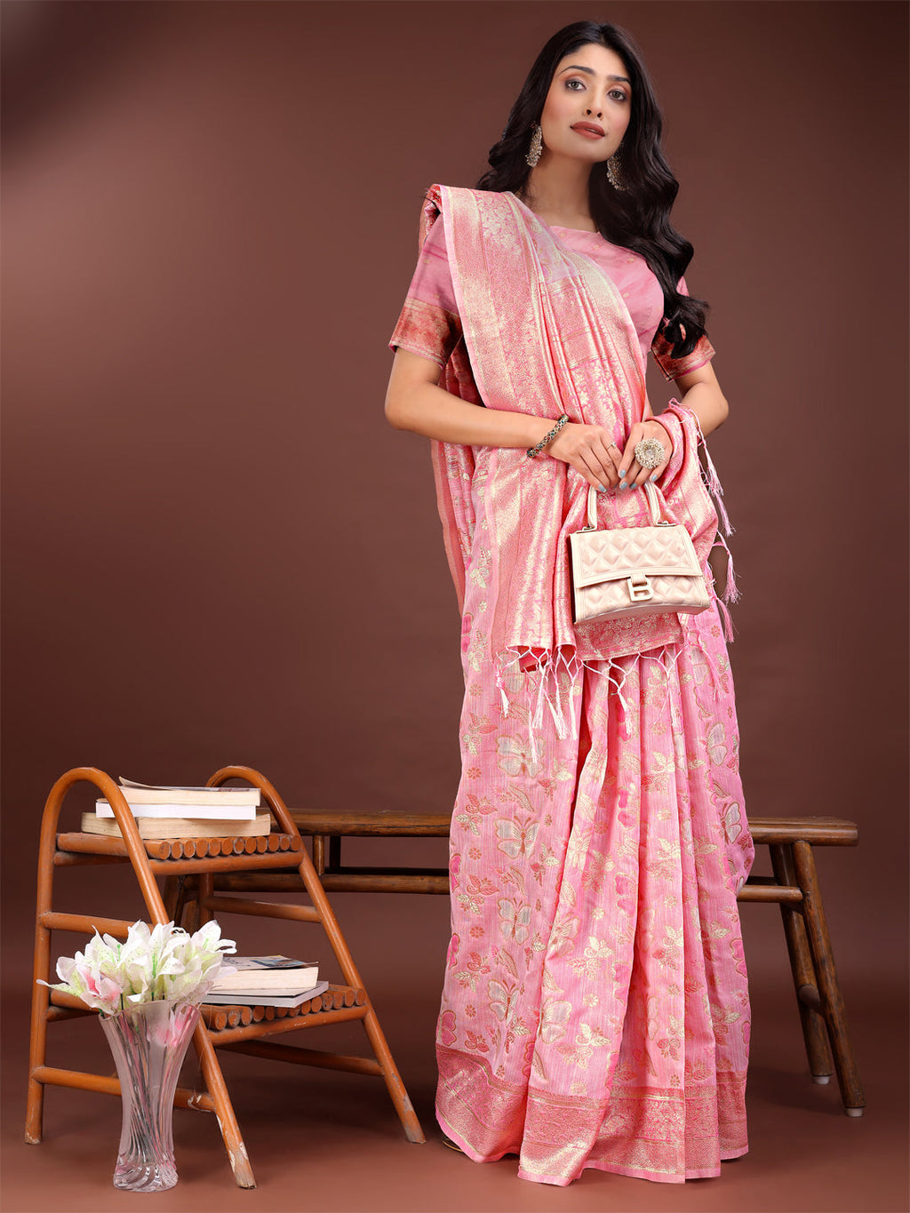 Shree Shyam Fashion Elegant Pink Cotton Saree with Golden Zari Work - Graceful Comfort for Everyday & Festive Wear | Grocsy