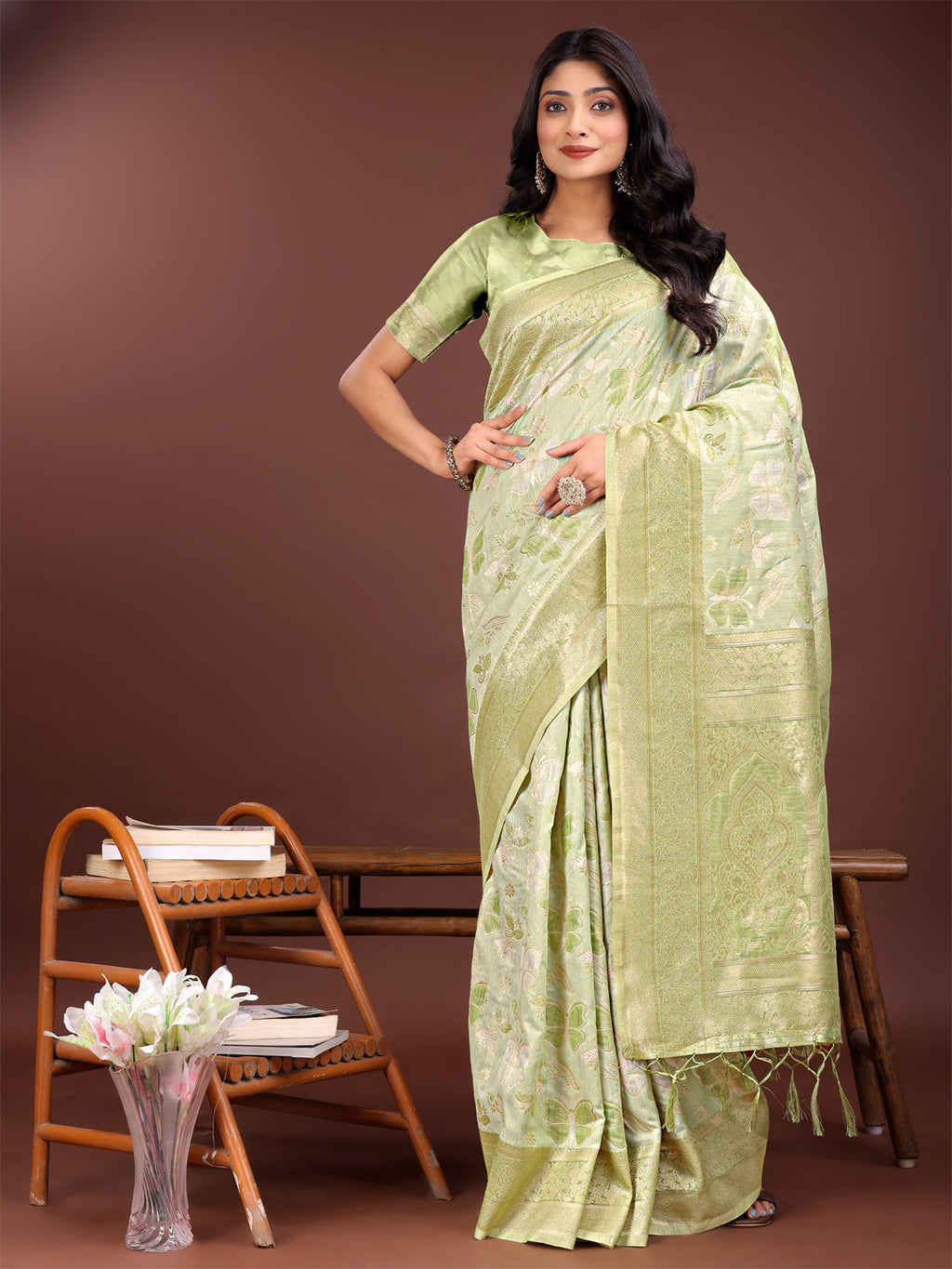 Shree Shyam Fashion Elegant Light Green Cotton Saree with Golden Zari Work - Graceful Comfort for Everyday & Festive Wear | Grocsy
