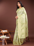 Shree Shyam Fashion Elegant Light Green Cotton Saree with Golden Zari Work - Graceful Comfort for Everyday & Festive Wear | Grocsy