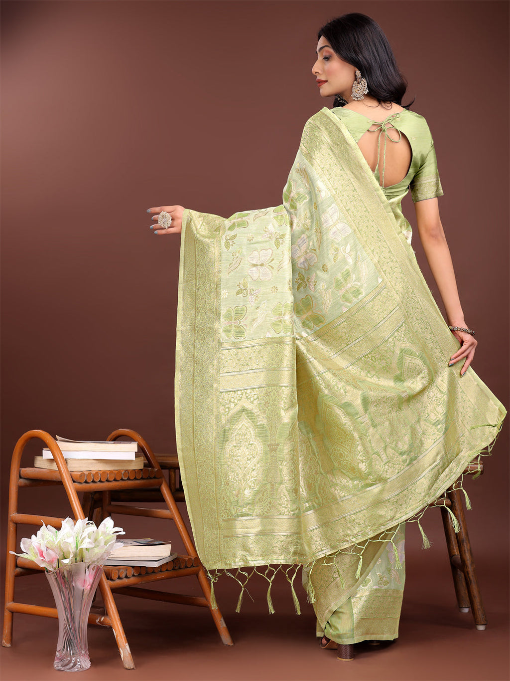 Shree Shyam Fashion Elegant Light Green Cotton Saree with Golden Zari Work - Graceful Comfort for Everyday & Festive Wear | Grocsy
