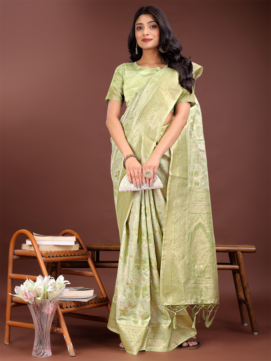 Shree Shyam Fashion Elegant Light Green Cotton Saree with Golden Zari Work - Graceful Comfort for Everyday & Festive Wear | Grocsy