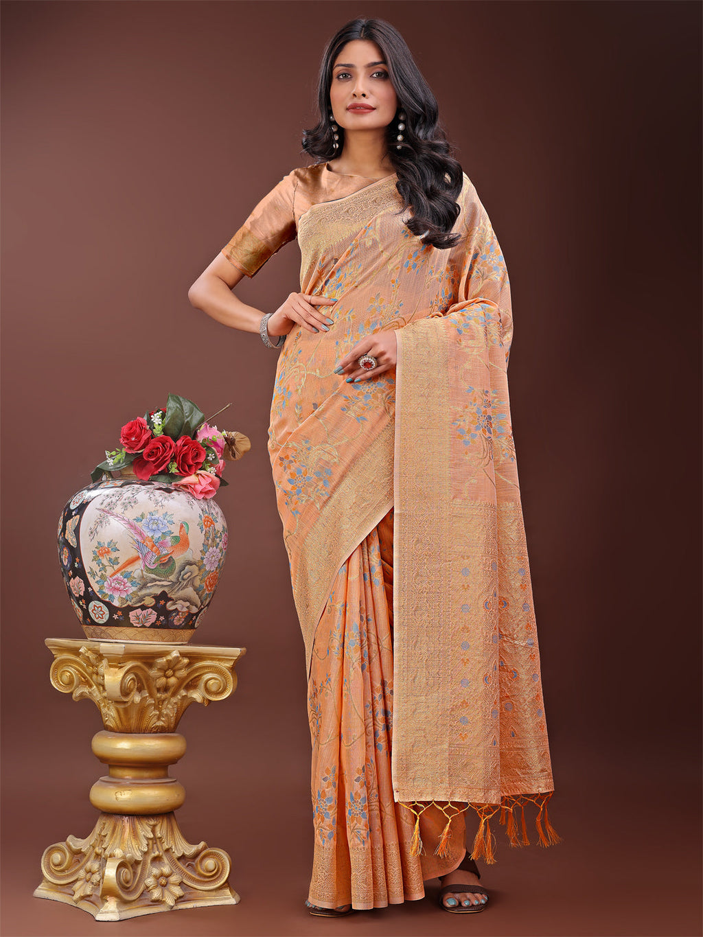 Shree Shyam Fashion Elegant Orange Linen Cotton Saree with Floral Weave & Soft Gold Pallu - Graceful Choice for Casual,Office & Festive Looks | Grocsy