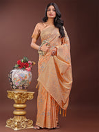 Shree Shyam Fashion Elegant Orange Linen Cotton Saree with Floral Weave & Soft Gold Pallu - Graceful Choice for Casual,Office & Festive Looks | Grocsy