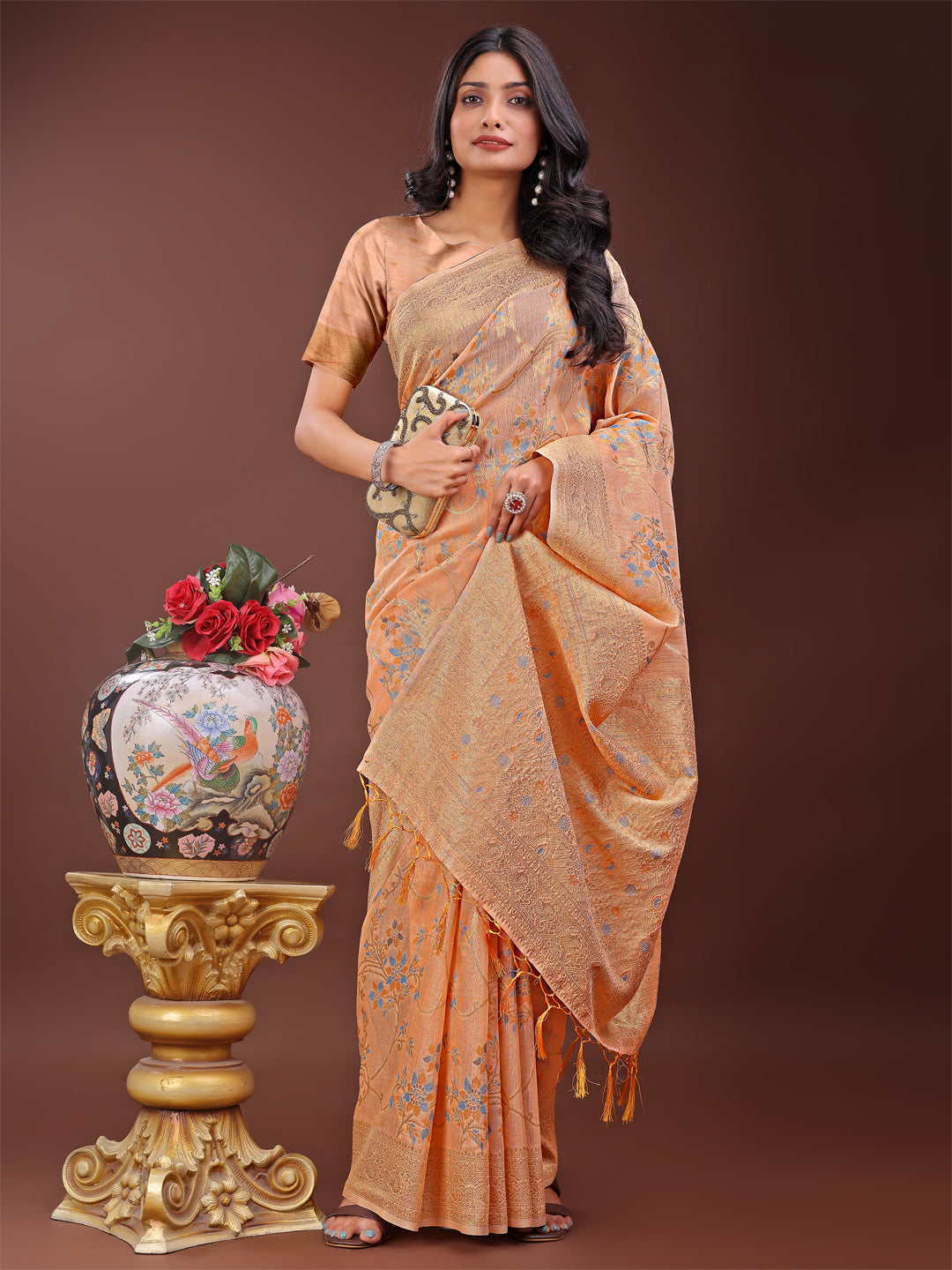 Shree Shyam Fashion Elegant Orange Linen Cotton Saree with Floral Weave & Soft Gold Pallu - Graceful Choice for Casual,Office & Festive Looks | Grocsy