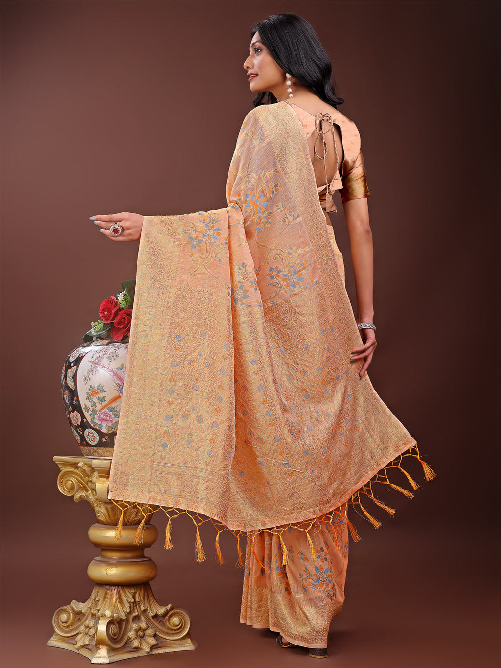 Shree Shyam Fashion Elegant Orange Linen Cotton Saree with Floral Weave & Soft Gold Pallu - Graceful Choice for Casual,Office & Festive Looks | Grocsy