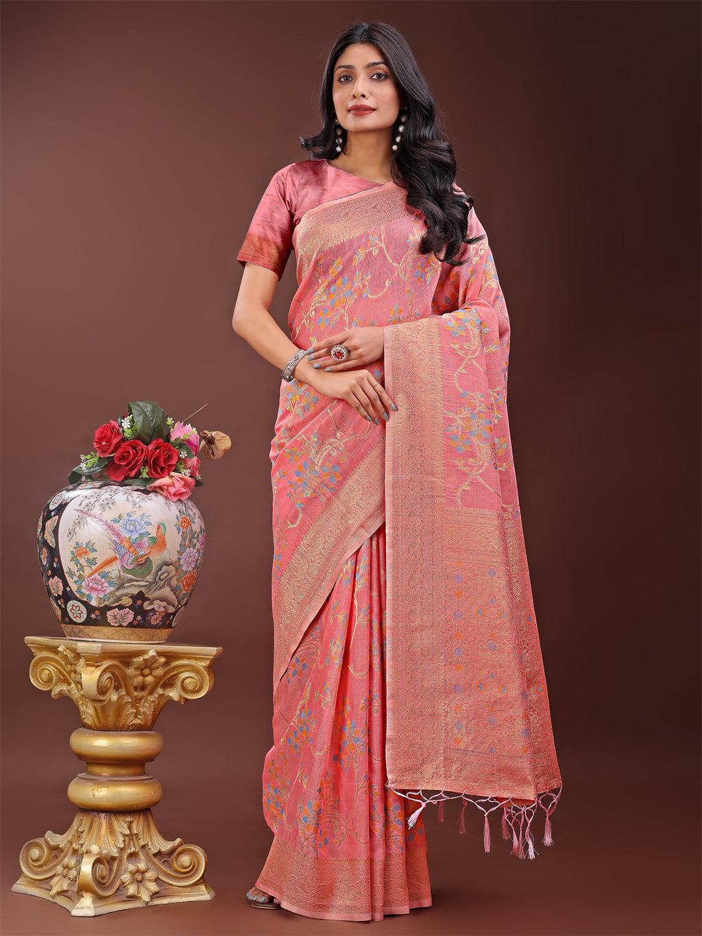 Shree Shyam Fashion Elegant Peach Linen Cotton Saree with Floral Weave & Soft Gold Pallu - Graceful Choice for Casual,Office & Festive Looks | Grocsy