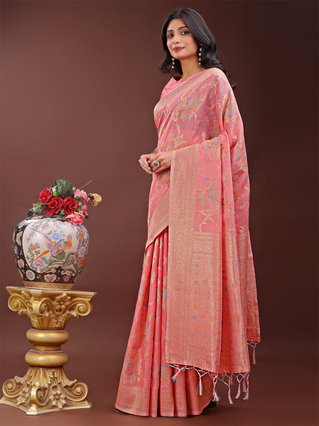 Shree Shyam Fashion Elegant Peach Linen Cotton Saree with Floral Weave & Soft Gold Pallu - Graceful Choice for Casual,Office & Festive Looks | Grocsy