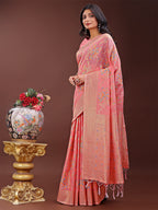 Shree Shyam Fashion Elegant Peach Linen Cotton Saree with Floral Weave & Soft Gold Pallu - Graceful Choice for Casual,Office & Festive Looks | Grocsy