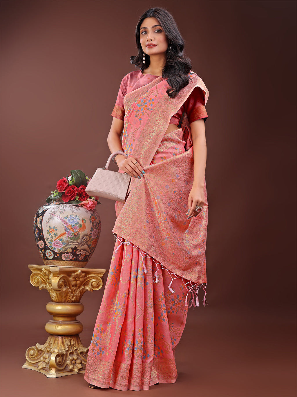 Shree Shyam Fashion Elegant Peach Linen Cotton Saree with Floral Weave & Soft Gold Pallu - Graceful Choice for Casual,Office & Festive Looks | Grocsy