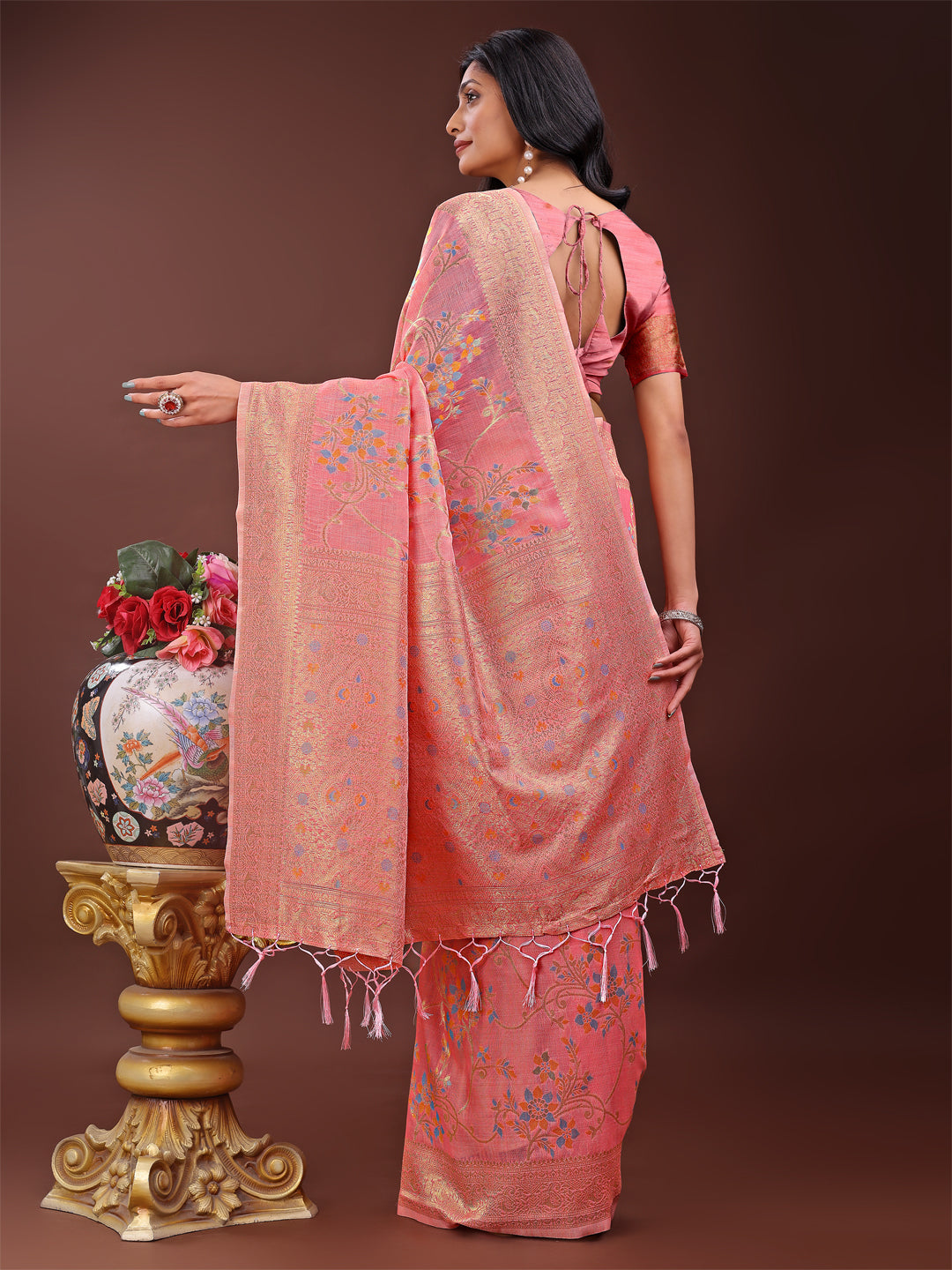 Shree Shyam Fashion Elegant Peach Linen Cotton Saree with Floral Weave & Soft Gold Pallu - Graceful Choice for Casual,Office & Festive Looks | Grocsy