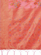 Shree Shyam Fashion Elegant Peach Linen Cotton Saree with Floral Weave & Soft Gold Pallu - Graceful Choice for Casual,Office & Festive Looks | Grocsy