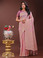 Shree Shyam Fashion Elegant Light Pink Linen Cotton Saree with Floral Weave & Soft Gold Pallu - Graceful Choice for Casual,Office & Festive Looks | Grocsy